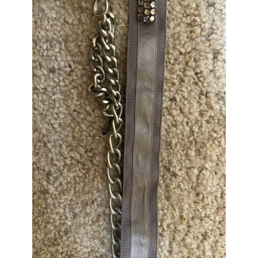 Gray Fabric Belt with Rhinestones, Thin, Silver Chain Flower Accent, Adjustable
